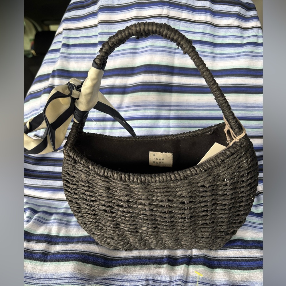 a new day Black Woven Straw Shoulder Bag with Scarf Accent